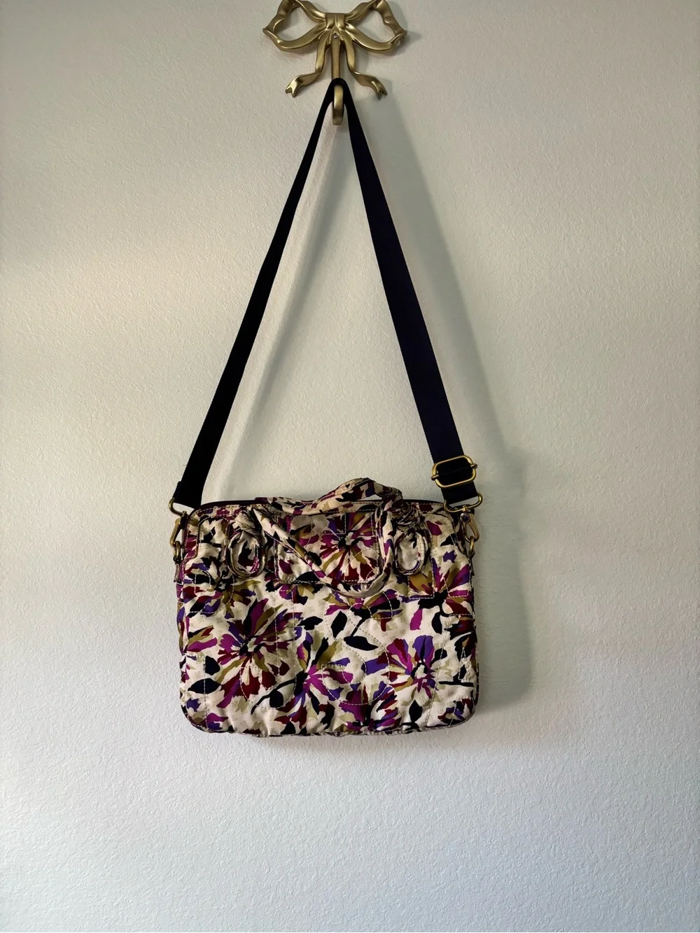 Marc by Marc Jacobs Cream Floral Quilted Laptop Bag with Purple Strap